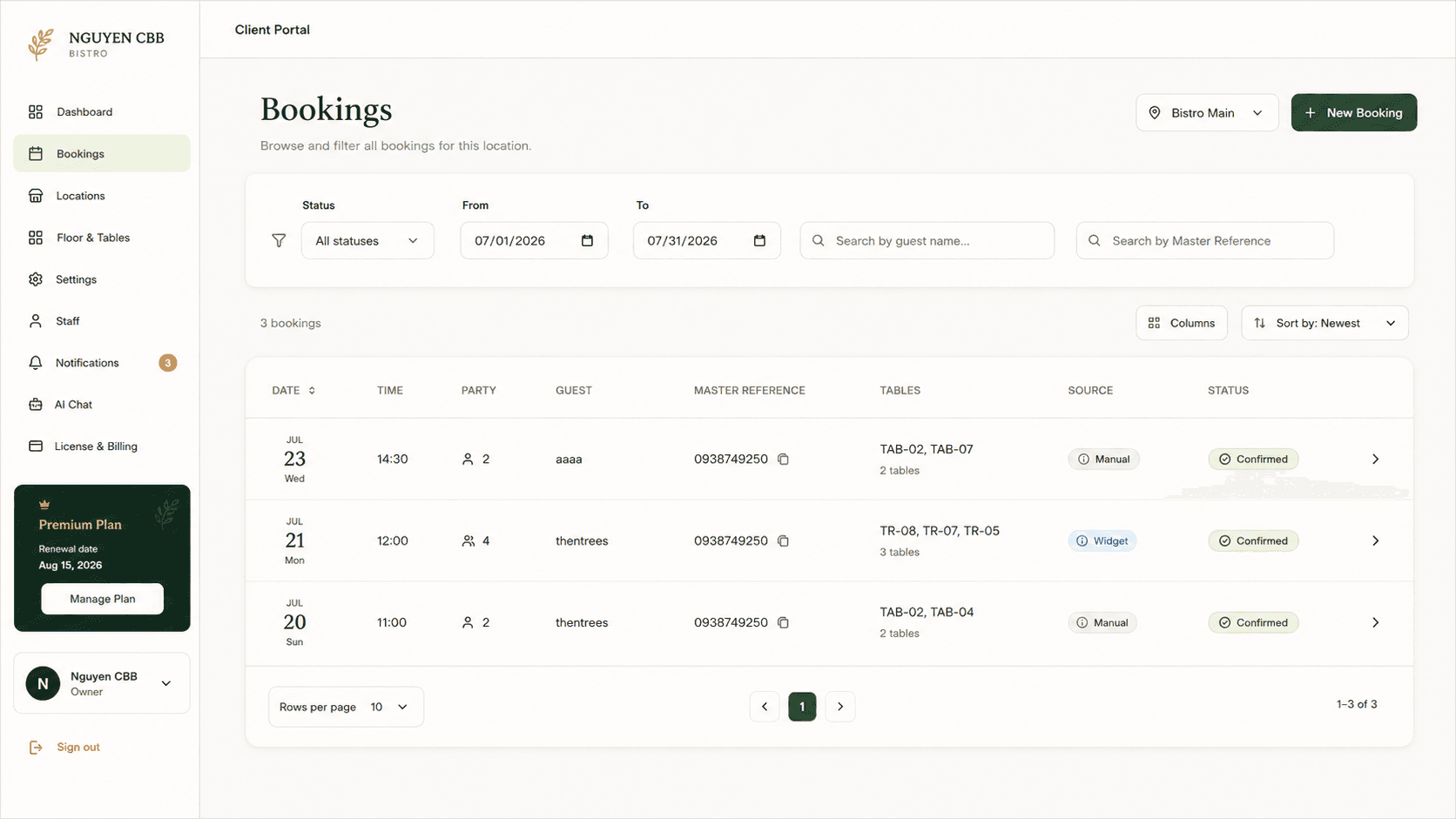 Central booking list showing reservations from every source